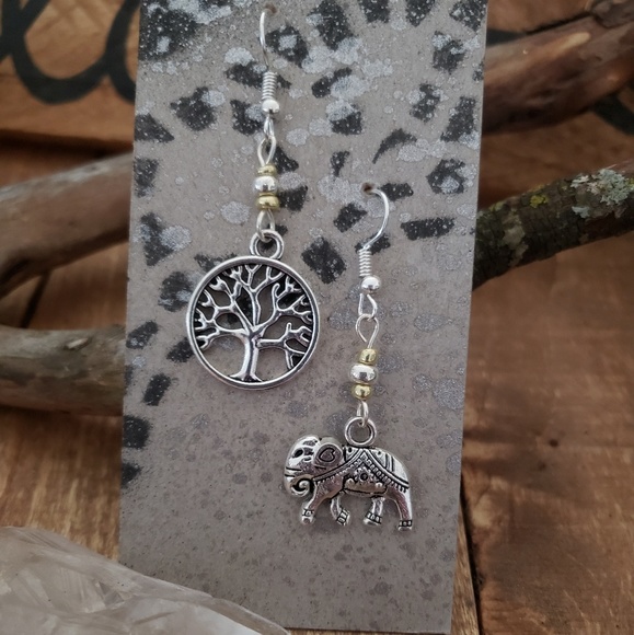 Mismatched Boho Tribal Elephant Tree of Life earrings ~Lucky~Bohemian Jewelry - Picture 5 of 11